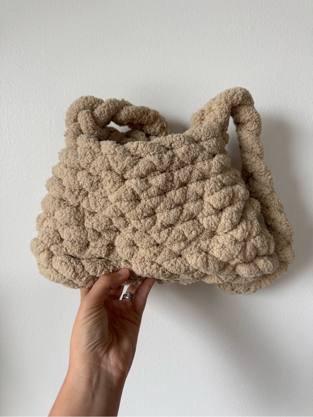 Beige Chunky Knit Crochet Shoulder Bag Oversized Woven Hobo Tote